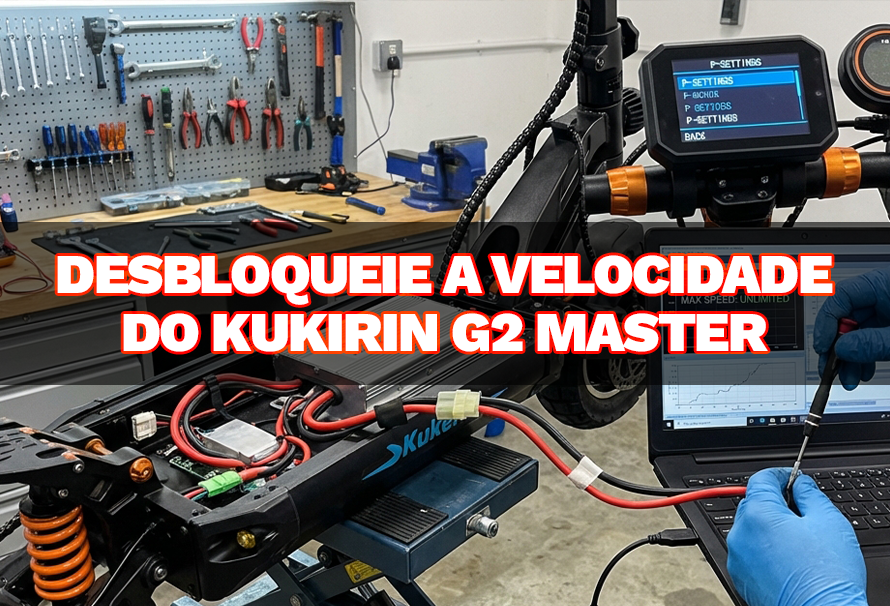 Oficina técnica com trotinete elétrica KuKirin G2 Master e ferramentas de diagnóstico