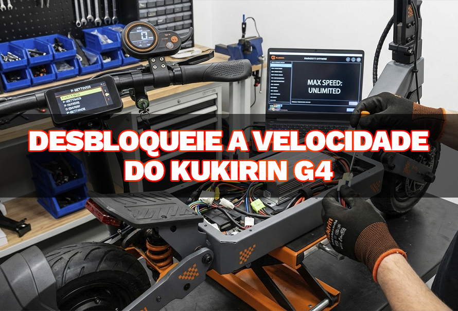 Plano técnico de engenharia e vista explodida da trotinete elétrica KuKirin G4 em oficina.